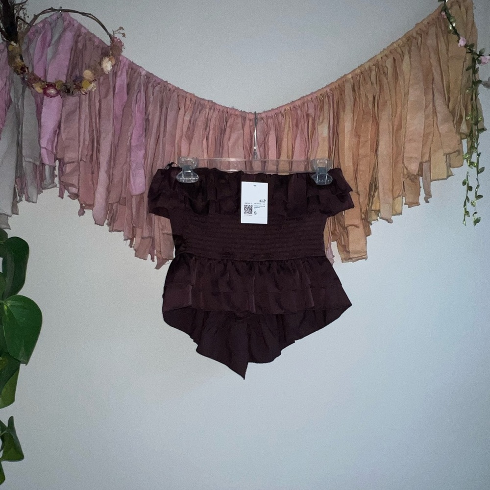 Forever 21 Corset Tie Peplum Ruffle Top Burgundy Brown SMALL - Picture 2 of 6